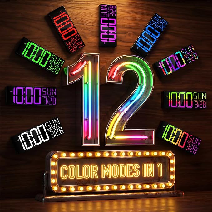 JALL 17.98" Large Digital Wall Clock with RGB Lights & Remote, Digital Clock with Bluetooth Sync & DST, Wall Clock with Temperature & Seconds Display, Clocks for Living Room, Seniors