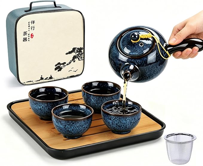 DUJUST Chinese Gongfu Tea Set, Kiln Altered Glaze Porcelain Tea Set with 1 Teapot, 4 Tea Cups & 1 Tea Tray, Portable Japanese Tea Sets with Storage Bag for Travel, Gifting, Outdoor, Dark Blue