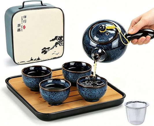DUJUST Chinese Gongfu Tea Set, Kiln Altered Glaze Porcelain Tea Set with 1 Teapot, 4 Tea Cups & 1 Tea Tray, Portable Japanese Tea Sets with Storage Bag for Travel, Gifting, Outdoor, Dark Blue