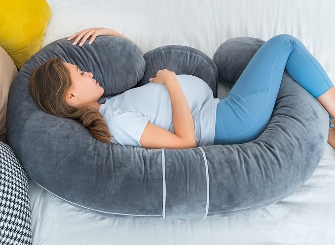 QUEEN ROSE Pregnancy Pillows - E Shaped Pregnancy Pillows for Sleeping, Detachable Body Pillow for Pregnant Side Sleeper, Grey Velvet Cover, 60in
