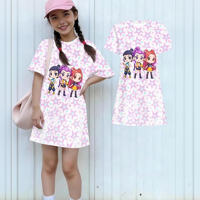 Girl's Anime K-POP Graphic Long Dress T-Shirt - Casual Loose Fit Short Sleeve Top