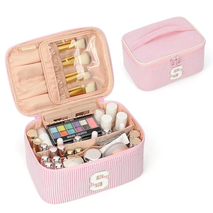 OCHEAL Makeup Bag Valentines Day Gifts for Women, Monogram Cosmetic Bag Pink Travel Makeup Case Beauty Toiletry Bag Organizer Personalized Gifts for Girls Bridesmaid, Sister, Wife, Friends Initial S