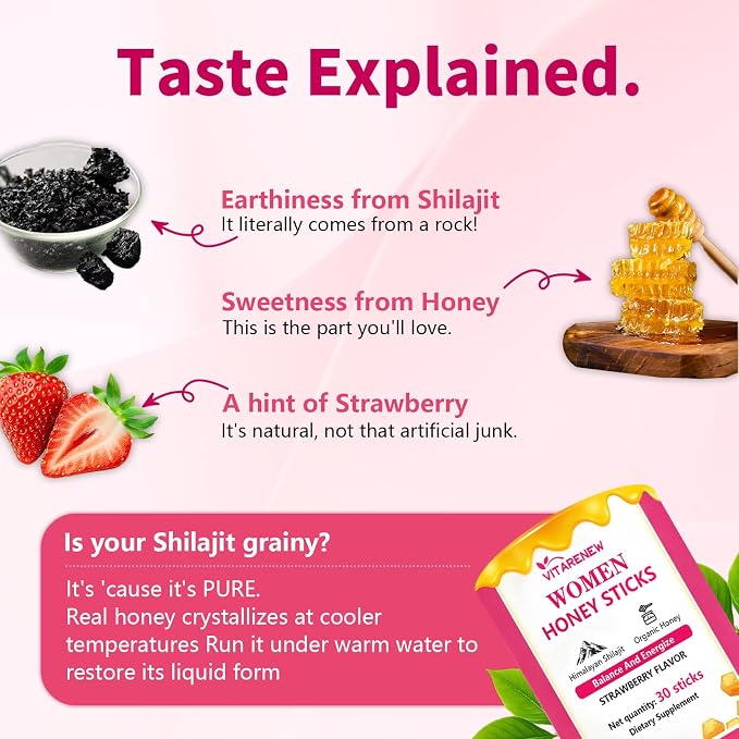 Shilajit Honey Sticks for Women with Shatavari & Saffron | 75%+ Fulvic Acid & 85+ Trace Minerals for Hormonal Balance, Energy, Focus & Stamina | Strawberry Flavor, 30 Count.