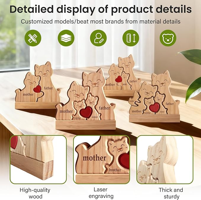 Personalized Wooden Cat Family Puzzle with 2-5 Names - Custom Kittens Art Figurine with Red Heart - Cute Animal Statue Gift for Cat Lover Mom Grandma Birthday Christmas Housewarming Decor