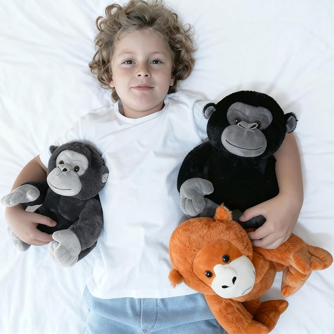 3Pcs Bulk Gorilla Plush, Cute Soft Gorilla Stuffed Animal Set for Kids,11.4" Mini Stuffed Zoo Animal Toy for Birthday, JungleTheme Party Baby Shower Decor(Black,Rufous,Gray)