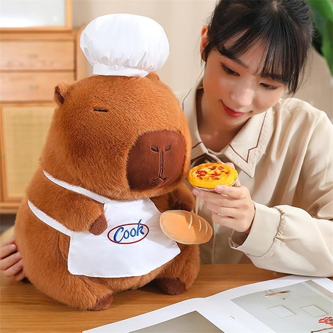 Capybara Plush with Cooking Chef Hat Bread 13.7 inch Cute Capibara Stuffed Animal Ultra Soft Plushies Toys Kawaii Gifts for Kids Brown