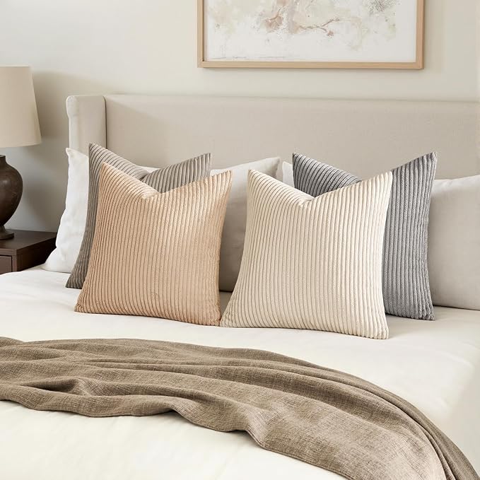 MIULEE Soft Corduroy Decorative Throw Pillow Covers Neutral Cream 20x20 | Set of 4, Mordern Nordic Home Decor, Cozy Cream Collection, Boho Farmhouse Cushion Covers for Couch Bed Sofa Living Room