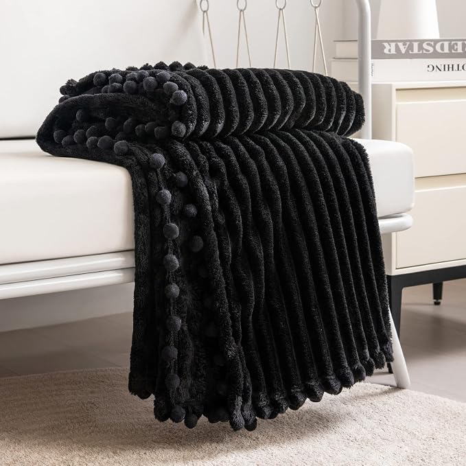 DISSA Fleece Blanket Twin Size – 60x80, Black - Soft, Plush, Fluffy, Fuzzy, Warm, Cozy – Perfect Throw for Couch, Bed, Sofa - with Pompom Fringe - Flannel Blanket