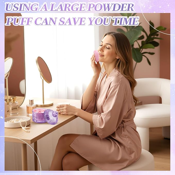 Body Powder Puff and Container, Crystal Container with Soft Dust Powder Puff Washable Reusable Face Body Glitter Wet Dry Makeup for Women Gift(Purple, Pink Crown)