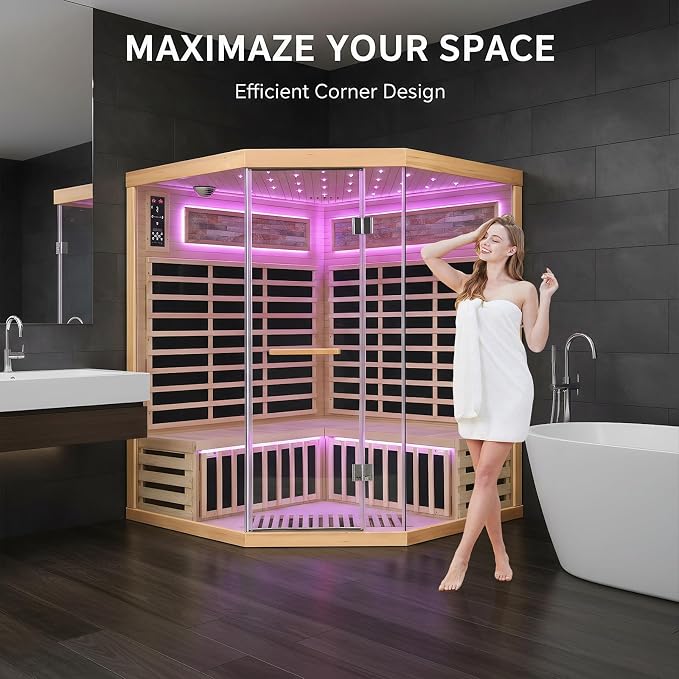 Infrared Sauna for 4-5 Person Canadian Hemlock Far Infrared Saunas Low-EMF Home Indoor Dry Saunas with Red Light Therapy 7 Color Ceiling Lights Fast Heating Easy Assembly 59 * 59 * 74.8"