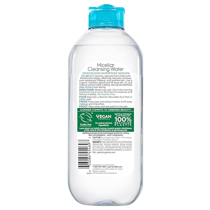 Garnier Micellar Water For Waterproof Makeup, Hydrating Facial Cleanser & Makeup Remover, Suitable for Sensitive Skin, Vegan, Cruelty Free, 13.5 Fl Oz (400mL), 1 Count