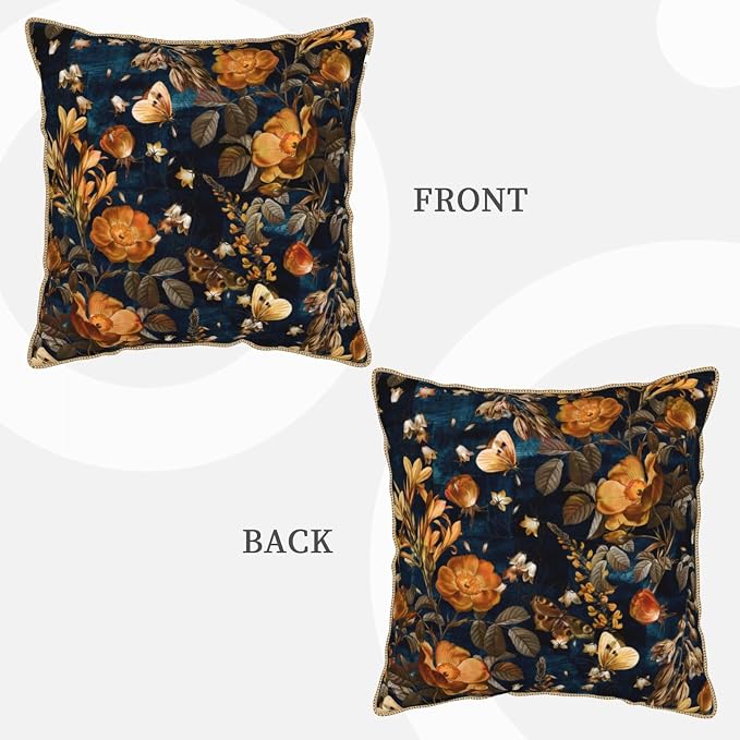 Vintage Floral Velvet Pillow Covers 18x18 Inch Blue Brown Leaf Flowers Throw Pillows for Couch Farmhouse Cushion Covers Pillowcase Butterfly Plant Leaves Pillow Cases for Sofa Bed Outdoor Decor