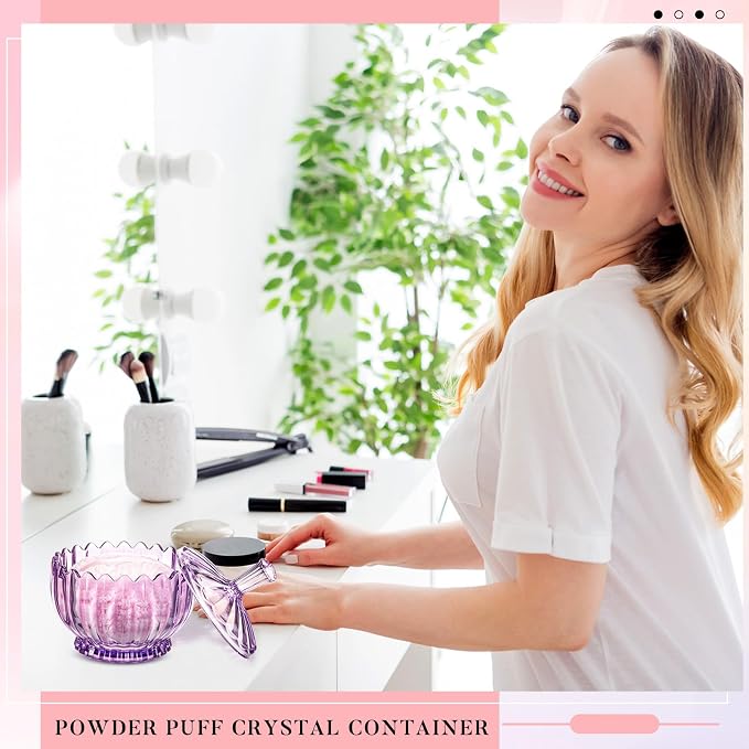 Tioncy 2 Pcs Extra Large Dusting Powder Puff and Container for Women-6'' Glass Crystal Dusting Powder Container Soft Washable Reusable Velour Face(Purple,Scalloped)