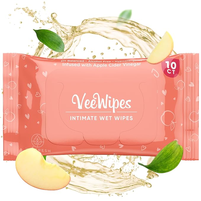 VeeFresh VeeWipes ACV (10pcs) - Apple Cider Vinegar Infused Wipes for Sensitive Vees- pH Balanced, Alcohol Free & Hypoallergenic Feminine Wipes for Women - Female Wipes for Maximum Hygiene