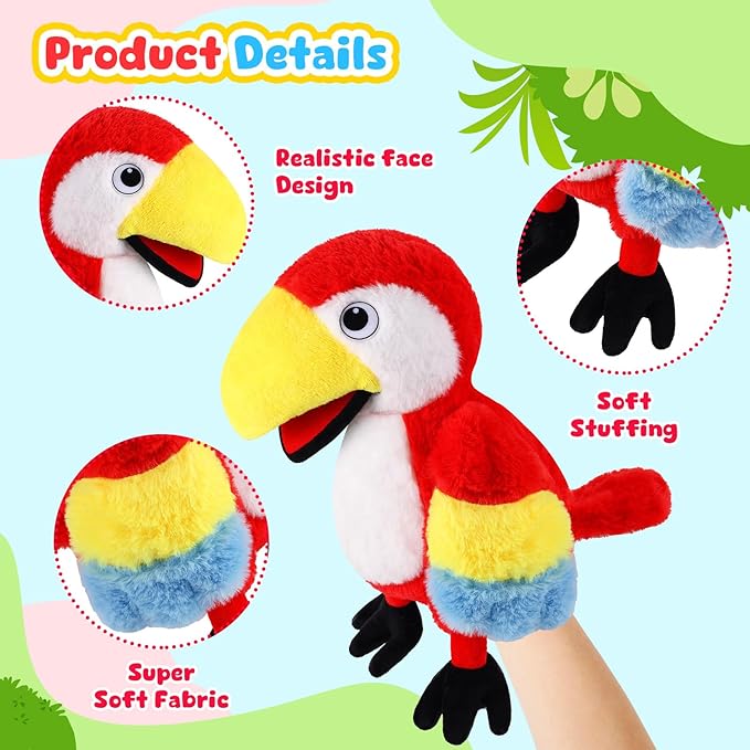 Animal Hand Puppets 11 Inch Bird Plush Toucan Owl Eagle Parrot Flamingo Peacock Puppet Toys Role-Play Puppets for Kids Storytelling Imaginative Pretend Play Teaching Preschool(Parrot)