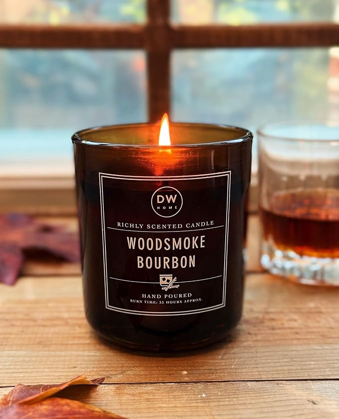DW Home Woodsmoke Bourbon Scented Candle – Smoked Vanilla, Oak Aged Bourbon & Hickory Fragrance, 15 oz Double Wick Jar Candle, Long Burning Home Fragrance