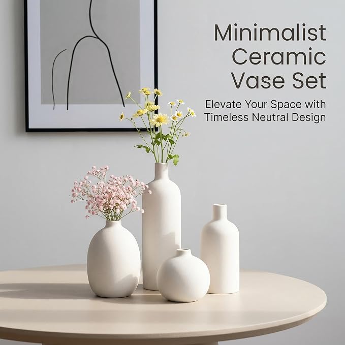 White Ceramic Vase Set of 4, Modern Minimalist Colors Home Decor, Decorative Flowers Vases for Bouquet, Pampas | Table Mantel Centerpiece Bookshelf Living Room Bedroom (White Set of 4)