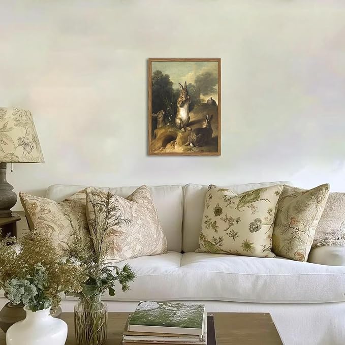 Vintage Easter Rabbit Wall Art, Rustic Bunny Wall Decor Painting Cottagecore Animal Poster Canvas Prints Picture for Living Room Farmhouse Bedroom 16x24 inch Wood Framed