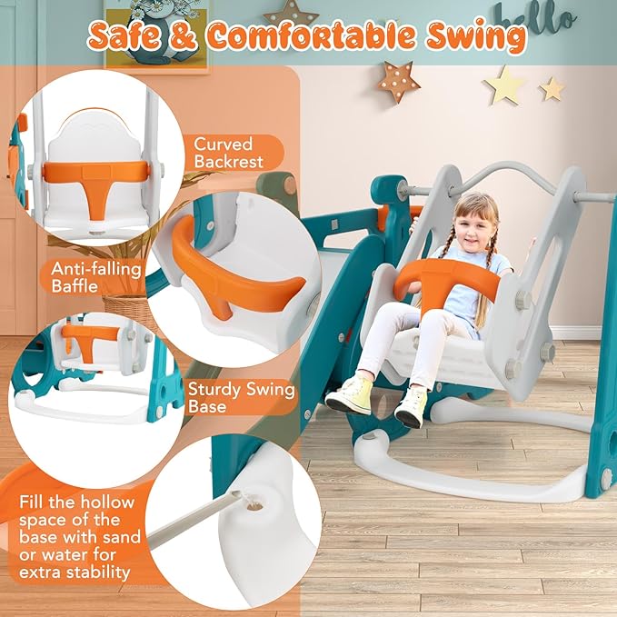 Costzon 6 in 1 Toddler Slide and Swing Set, Mini Bus Indoor Outdoor Baby Swing with Basketball Hoop, Crawling Tunnel, Kids Climber Playset for Boys and Girls Backyard Playground Gifts Presents