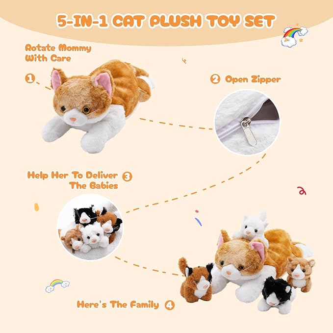 WEWILL 15'' Cat with Kittens Stuffed Animals, Mommy Plush Toy with 4 Baby Kittens, Cute Surprise for Imaginative Play, Cozy Magical Pillow Plushie for Girls, for Kids and Cat Lovers