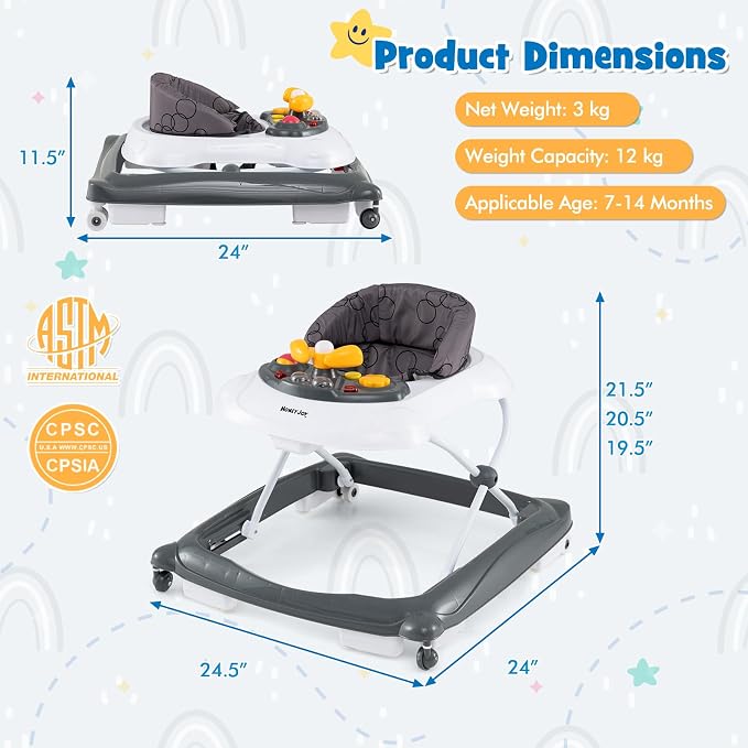 HONEY JOY Baby Walker, 5 in 1 Infant Activity Walker with Wheels, Music, Removable Cushion, Toddler Foldable Push Walker for Boys Girls, Anti-Rollover Walkers for Babies 7-14 Months (Gray)