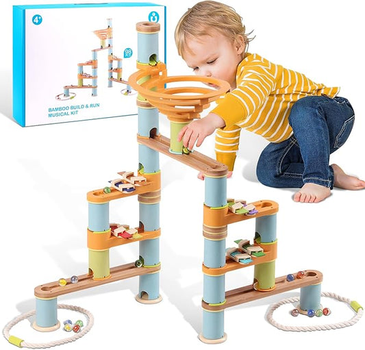 Marble Run Building Toys for Kids, 98 Pcs Bamboo Marble Race Track with Glass Marbles, Building Blocks and STEM Toys for Boys and Girls for Kids 4-6