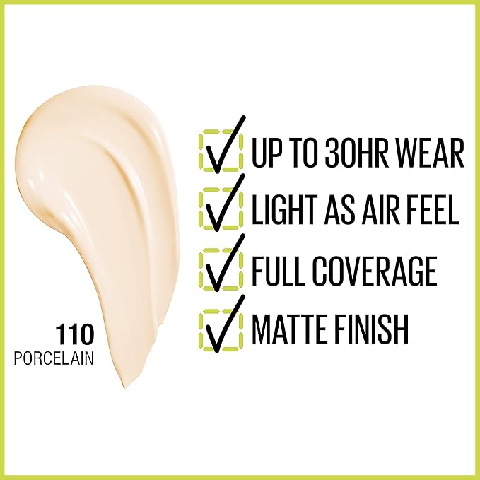 Maybelline Super Stay Full Coverage Liquid Foundation Active Wear Makeup, Up to 30Hr Wear, Transfer, Sweat & Water Resistant, Matte Finish, Porcelain, 1 Count