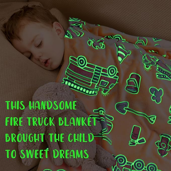 Fire Truck Glow in The Dark Blanket for Toddler Boys Gifts - Construction Firetruck Birthday Gifts for Kids 3-10 Years