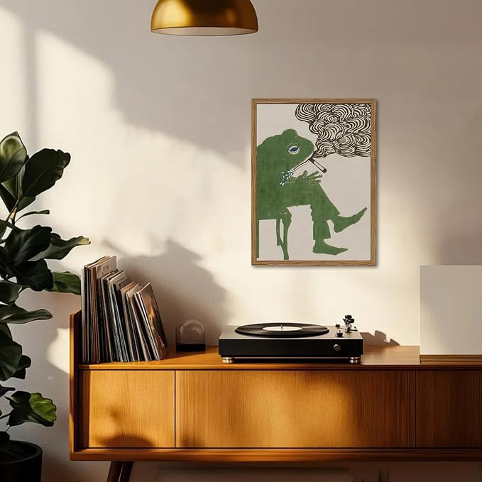 Funny Frog Smoking Wall Art Whimsical Green Frog Wall Decor Painting Cute Animal Bar Cart Poster Canvas Prints for Bedroom Living Room 12x16 inch Wood Framed