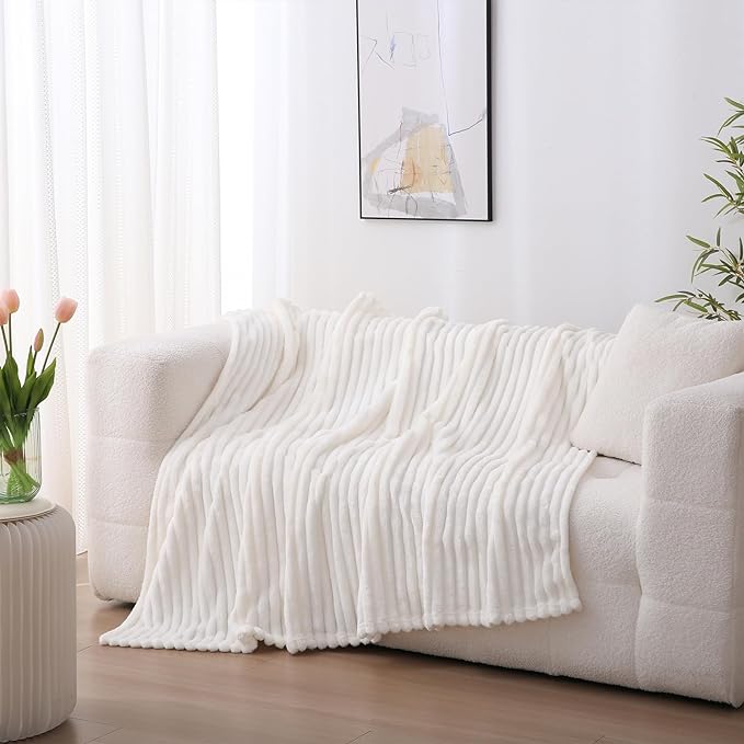 White Fleece Throw Blanket 50”×70” for Couch Sofa Livingroom | Super Soft Cozy Plush Microfiber Flannel Bed Blanket Striped Design Lightweight Home Decor Gifts for Adults Mom Women