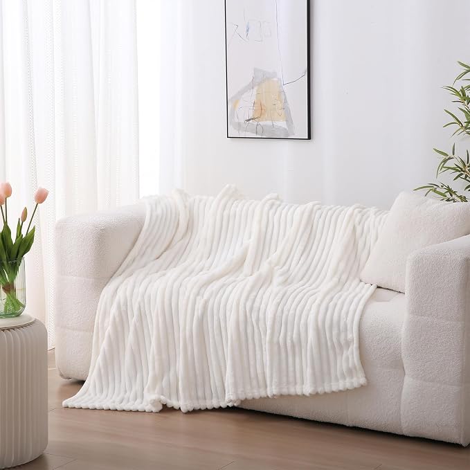 Cream White Fleece Throw Blanket 50”×60” for Couch Sofa Livingroom | Super Soft Cozy Plush Microfiber Flannel Bed Blanket Striped Design Lightweight Home Decor Gifts for Adults Mom Women