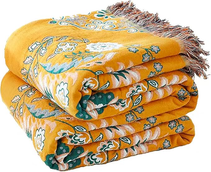 VANJOROY Boho Throw Blanket, 100% Cotton Soft King Yellow Throw for Bed-Floral Farmhouse Decor Blanket, Reversible Bohemian Throw for Sofa Chair Couch Quilt and Gift, 91" x 98"