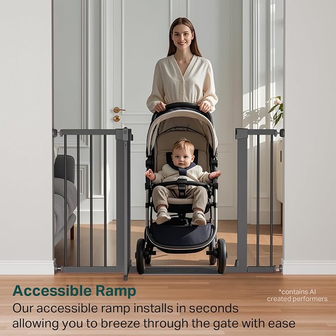 Cumbor 30-48" Baby Gate for Stairs and Doorways, Mom's Choice Award Winner, Pressure Mounted Dog Gate Indoor with Self-Closing Walk Through Door, Easy Install, Double-Lock Design, Cool Gray