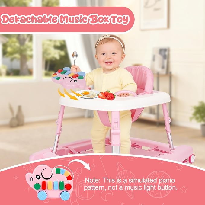 5-in-1 Baby Walker for Boys and Girls Music and Lights 6-18 Month, Foldable Baby Walkers with 5 Adjustable Heights, Infant Toddler Walker with Wheels and Combo Portable（Pink）