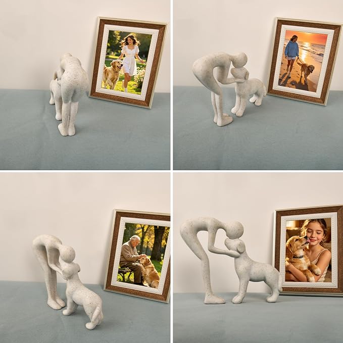 Abstract Person and Dog Head-to-Head Figurine Sandstone | abstract sculpture celebrating the bond between person and pet. Intimate head-to-head Touching memory keepsake for dog lovers