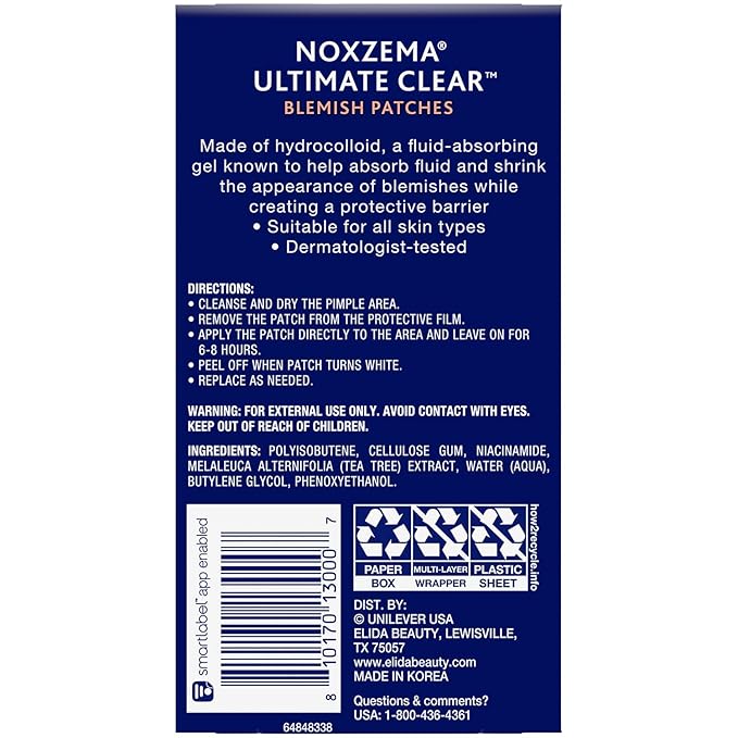 Noxzema Blemish Patches, Ultimate Clear – Hydrocolloid Acne Treatment for Face with Niacinamide and Tea Tree Oil, 30 Patches/Box (90 Total)