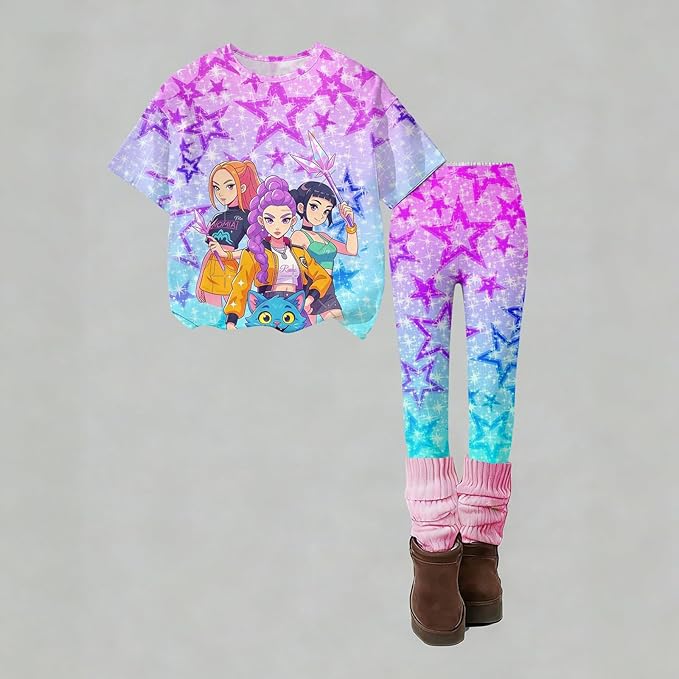 Girls 2-Piece Anime Outfit Set, Short Sleeve Graphic T-Shirt and Printed Skirt Set