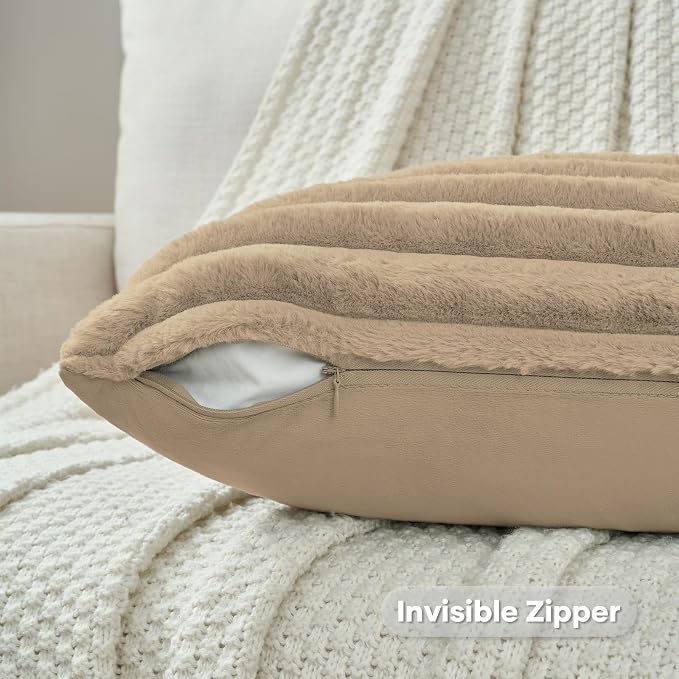 FUTEI Pack of 2 Faux Fur Throw Pillow Covers 12x20 Inch, Khaki | Fluffy Faux Rabbit Fur Front/Premium Velvet Back,Hidden Zipper,Machine Washable,Non-Shedding,Colorfast,Insert Not Included.