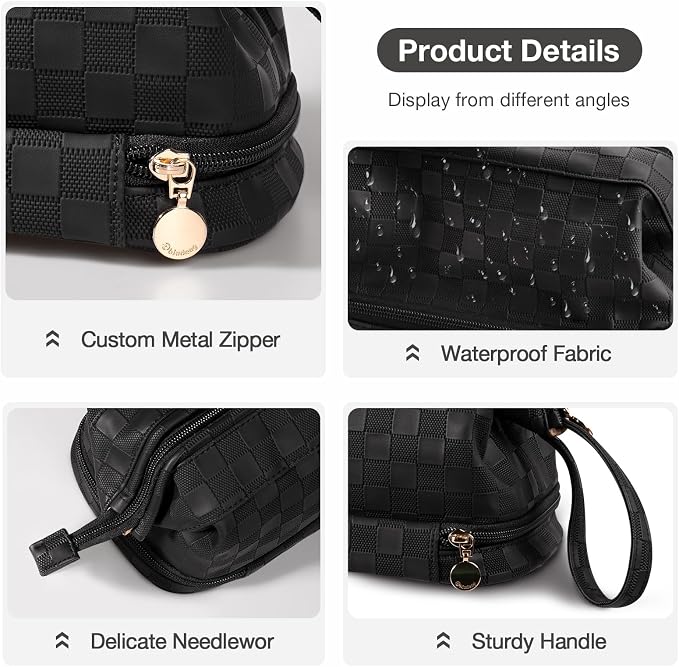 Abiudeng Large Capacity Makeup Bag Ladies Cosmetic Bag Travel Bag with Compartments Portable PU Leather Travel Makeup Bag with Handle