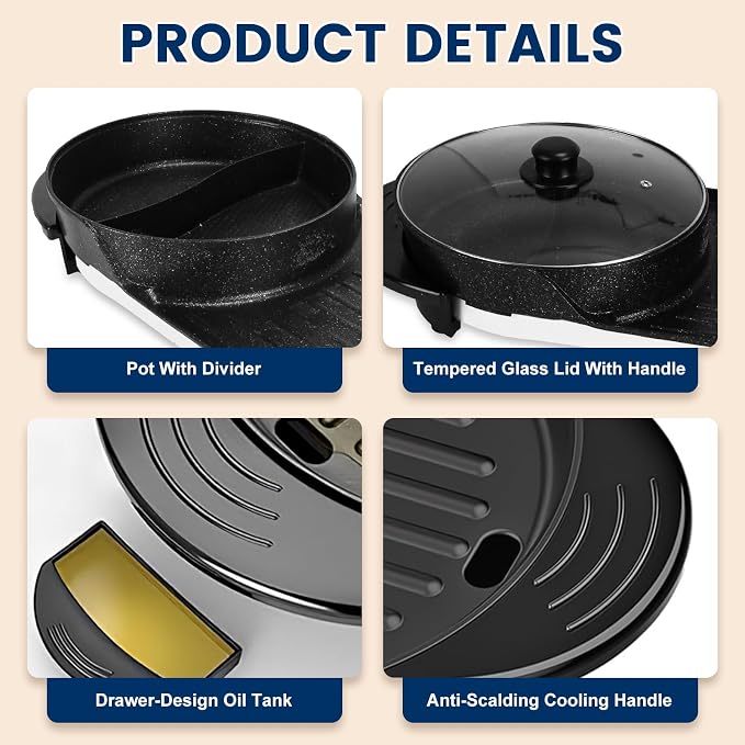 Electric Hot Pot with Grill, 2200W Shabu Shabu Korean BBQ Grill Cooker, 2-IN-1 Indoor Smokeless Non-Stick Hotpot, Separate Temperature Control, 5 Gears Firepower, for 2-10 People