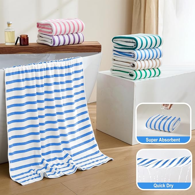JML Microfiber Towels, Bath Towel Sets (4 Pack, 27" x 55") - Extra Absorbent, Fast Drying, Multipurpose for Bath, Swimming, Fitness, Sports, Yoga,Stripe Blue