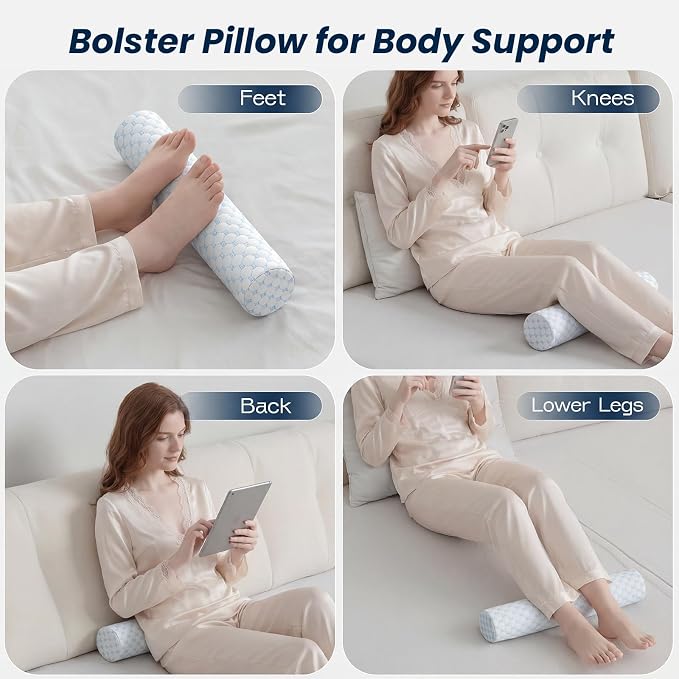 Neck Roll Cervical Pillow for Neck Pain Relief - Memory Foam Neck Pillow for Bed | Round Neck Pillows for Sleeping (Cool-Blue, X-Small - 3.5" H)
