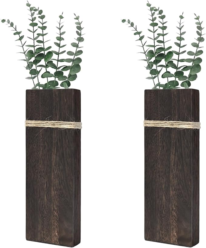 Wall Planters for Indoor Plants Set of 2, Rustic Boho Wood Wall Vases for Dried Flowers & Artificial Plants, Modern Farmhouse Home Decor for Living Room Bedroom Kitchen Dining Room - Dark Brown