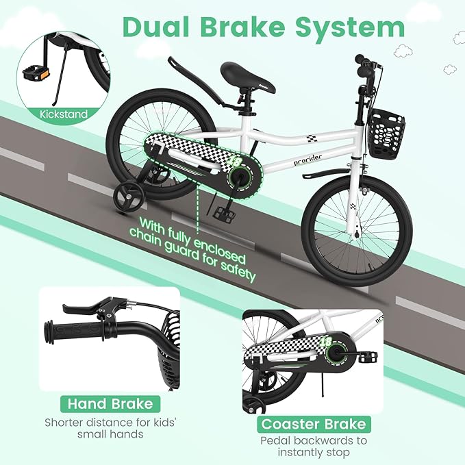 BABY JOY Kids Bike, 12 14 16 18 20 Inch Children Bikes for Boys Girls Teens 3-8 8+ Years w/Training Wheels or Kickstand, Handbrake, Coaster Brake & Removable Basket, Kids Bicycle of Multiple Colors