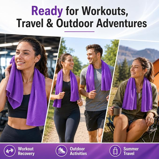 Cooling Towel for Neck and Face - 43.3" x 15.7" - Quick-Dry Microfiber - Ideal for Hot Weather, Gym, Fitness, Camping, Yoga, Run Gift - Purple