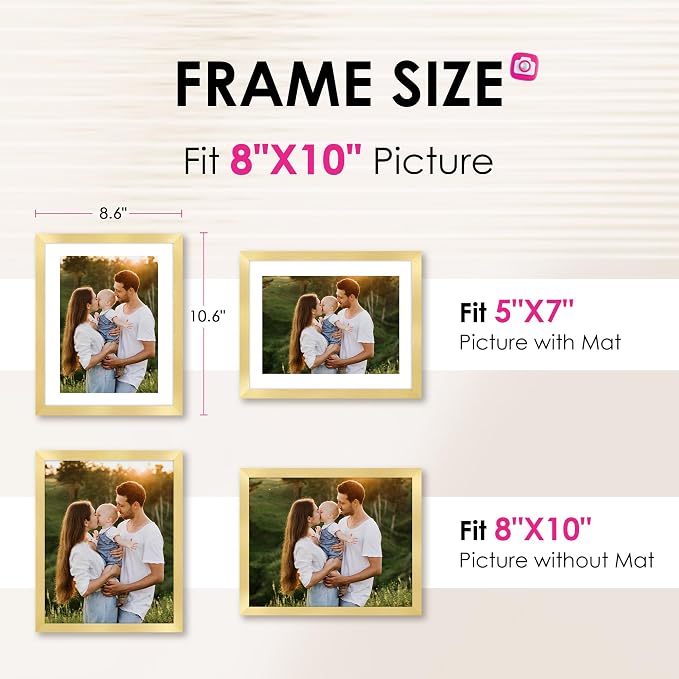 8x10 Picture Frame Set of 2, Gold Picture Frames Collage for Tabletop or Wall Display, Photo Frame with HD Plexiglass, Display Pictures 5x7 with Mat or 8x10 Without Mat