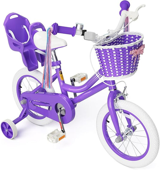 KORIMEFA Girls Bike for Ages 2-8 Years Toddler Kids with Doll Seat, 12 14 16 Inch Bicycle with Training Wheels, Little Small Princess Bicycle with Basket& Streamers, Girls Pedal Bike
