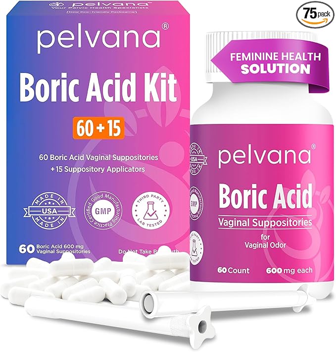 Pelvana Boric Acid Suppositories for Women - 60 Count + 15 Applicators - 600mg Boric Acid Capsules for Vaginal Odor Use