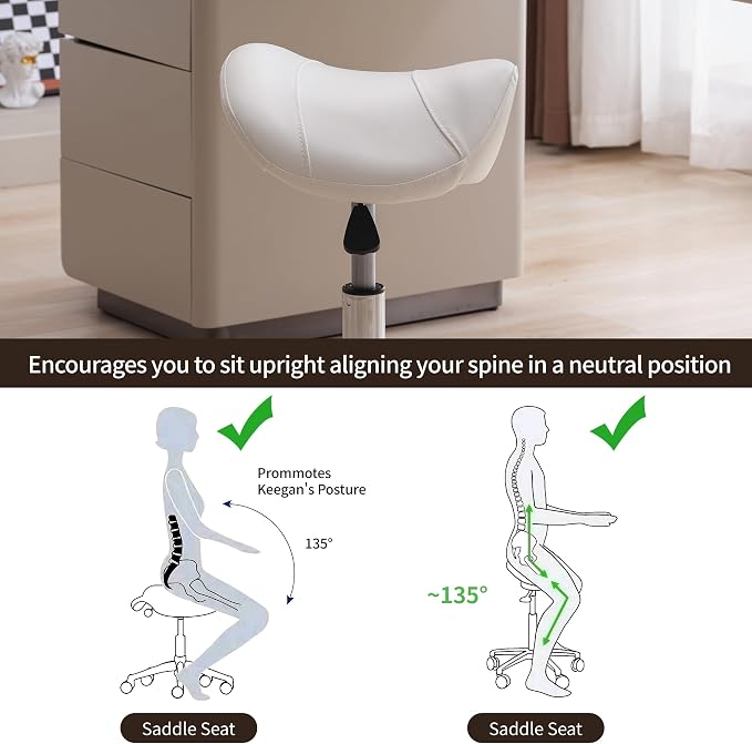 FIRAVOE Saddle Stool, Swivel Saddle Stool with Wheels, Adjustable Rolling Stool 18"-26", Faux Leather Rolling Stool for Salon, Massage, Clinic, Lab, Office, White, 1PCS