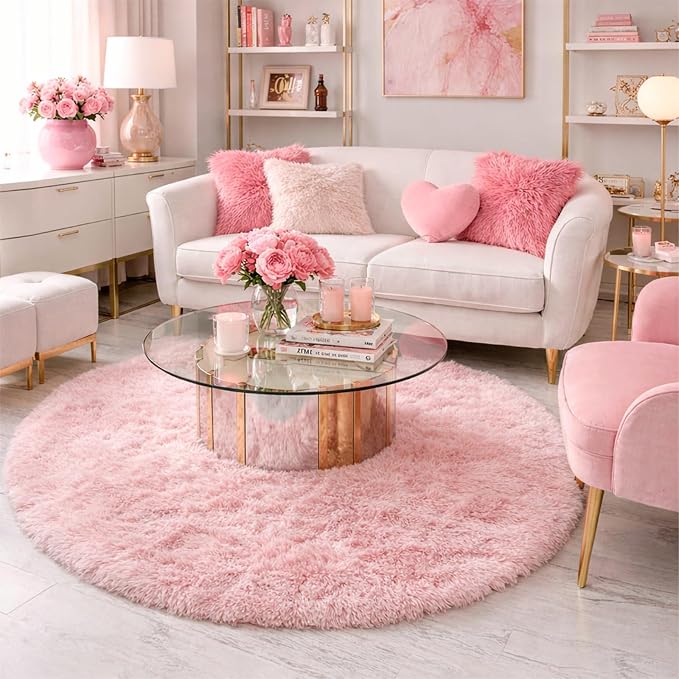 Amdrebio Pink Round Area Rugs 7Ft for Girls Bedroom Decor, Fluffy Large Circle Rug for Living Room, Kids Room, Teen, Fuzzy Plush Carpets for Baby Nursery, Dorm, Classroom, Big Indoor Kawaii Cute Rug